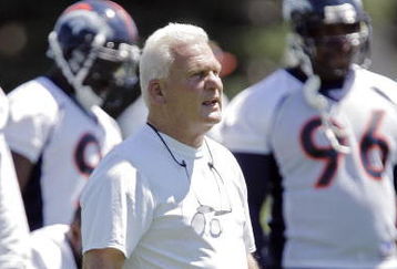 DENVER - JULY 07: Defensive coordinator Larry Coyer of the Denver Broncos leads the defense in a practice during minicamp on July 7, 2006 at the Paul D. Bowlen Memorial Broncos Centre in the Dove Valley Business Park of Englewood, Colorado. Head coach Mike Shanahan has a few new coaches leading his team. (Photo by Brian Bahr/Getty Images)