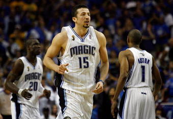 ORLANDO, FL - JUNE 09:  Hedo Turkoglu #15 of the Orlando Magic runs back in the fourth quarter of Game Three of the 2009 NBA Finals against the Los Angeles Lakers on June 9, 2009 at Amway Arena in Orlando, Florida.  NOTE TO USER:  User expressly acknowledges and agrees that, by downloading and or using this photograph, User is consenting to the terms and conditions of the Getty Images License Agreement.  (Photo by Chris Graythen/Getty Images)
