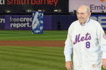 NEW YORK - SEPTEMBER 28:  Former New York Mets players Yogi Berra waves to the fans at home plate after the game against the Florida Marlins to commemorate the last regular season baseball game ever played in Shea Stadium on September 28, 2008 in the Flushing neighborhood of the Queens borough of New York City. The Mets plan to start next season at their new stadium Citi Field after playing in Shea for over 44 years. (Photo by: Al Bello/Getty Images)