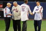 NEW YORK - SEPTEMBER 28:  (L-R) Former New York Mets players Lenny Dyksta, Jerry Koosman, Dwight Doc Gooden #16 and Keith Hernandez greet after the game against the Florida Marlins to commemorate the last regular season baseball game ever played in Shea Stadium on September 28, 2008 in the Flushing neighborhood of the Queens borough of New York City. The Mets plan to start next season at their new stadium Citi Field after playing in Shea for over 44 years. (Photo by: Al Bello/Getty Images)