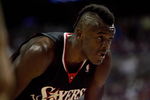 AUBURN HILLS, MI - APRIL 29:  Samuel Dalembert #1 of the Philadelphia 76ers looks across the court in Game Five of the Eastern Conference Quarterfinals against the Detroit Pistons during the 2008 NBA Playoffs at the Palace of Auburn Hills on April 29, 2008 in Auburn Hills, Michigan.  The Pistons 98-81.  NOTE TO USER: User expressly acknowledges and agrees that, by downloading and or using this photograph, User is consenting to the terms and conditions of the Getty Images License Agreement.  (Photo by Gregory Shamus/Getty Images)