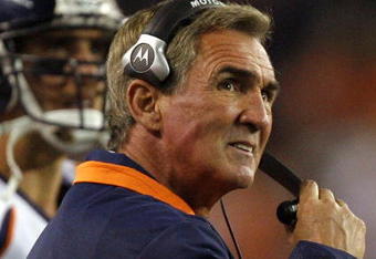 CLEVELAND - NOVEMBER 6:  Head coach Mike Shanahan of the Denver Broncos looks at the scoreboard against the Cleveland Browns during the fourth quarter of their NFL game at Cleveland Browns Stadium November 6, 2008 in Cleveland, Ohio.  (Photo by Matt Sullivan/Getty Images)