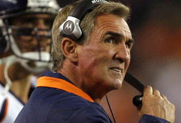 CLEVELAND - NOVEMBER 6:  Head coach Mike Shanahan of the Denver Broncos looks at the scoreboard against the Cleveland Browns during the fourth quarter of their NFL game at Cleveland Browns Stadium November 6, 2008 in Cleveland, Ohio.  (Photo by Matt Sullivan/Getty Images)