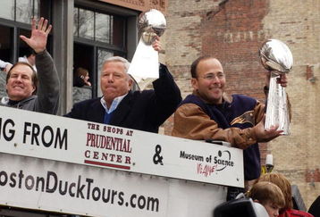 BOSTON - FEBRUARY 8:  (L to R ) New England  Patriots head coach Bill Belichick, owner Robert Kraft and vice chairman Jonathan Kraft ride in the Super Bowl victory parade February 8, 2005 in Boston, Massachusetts. The Patriots defeated the Philadelphia Eagles 24-21 in Super Bowl XXXIX on February 6.  (Photo by Jodi Hilton/Getty Images)