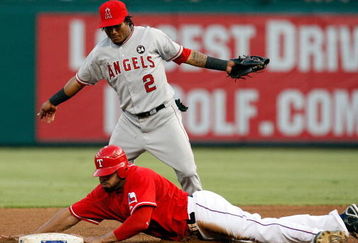 ARLINGTON, TX - JULY 1:  Nelson Cruz #17 of the Texas Rangers steals second base against Erick Aybar #2 of the Los Angeles Angels of Anaheim in the fourth inning at Rangers Ballpark July 1, 2009 in Arlington, Texas.  (Photo by Ronald Martinez/Getty Images)