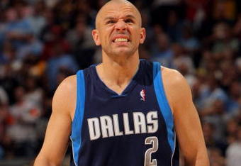 DENVER - MAY 13:  Jason Kidd #2 of the Dallas Mavericks grimaces after a fall while fouling against the Denver Nuggets in Game Five of the Western Conference Semifinals during the 2009 NBA Playoffs at Pepsi Center on May 13, 2009 in Denver, Colorado. The Nuggets defeated the Mavericks 124-110 to advance to the Western Conference Finals. NOTE TO USER: User expressly acknowledges and agrees that, by downloading and or using this photograph, User is consenting to the terms and conditions of the Getty Images License Agreement.  (Photo by Doug Pensinger/Getty Images)