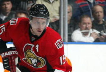 TORONTO - APRIL 11:  Dany Heatley #15 of the Ottawa Senators skates with the puck in a game against the Toronto Maple Leafs on April 11, 2009 at the Air Canada Centre in Toronto, Ontario. The Leafs defeated the Senators on the strength of a 3 goal performance by Boyd Devereaux #22. (Photo by Claus Andersen/Getty Images) 