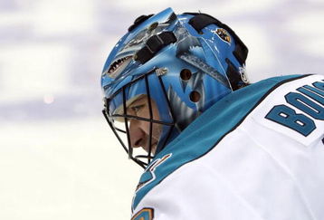 LOS ANGELES, CA - DECEMBER 15:  Goaltender Brian Boucher #33 of the San Jose Sharks warms up before the NHL game against the Los Angeles Kings at Staples Center on December 15, 2008 in Los Angeles, California.  The Sharks defeated the Kings 3-2 in overtime shootout.  (Photo by Christian Petersen/Getty Images)