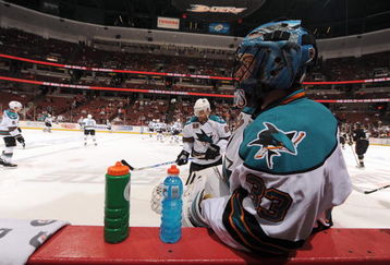 ANAHEIM, CA - APRIL 21:  Brian Boucher #33 of the San Jose Sharks looks on during warmups against the Anaheim Ducks during Game Three of the Western Conference Quarterfinal Round of the 2009 Stanley Cup Playoffs at Honda Center on April 21, 2009 in Anaheim, California. (Photo by Harry How/Getty Images)