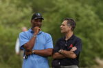 LAKE FOREST, IL - MAY 31: General manager Jerry Angelo of the Chicago Bears (R) talks with former Bear Otis Wilson during a mini-camp practice on May 31, 2008 at Halas Hall in Lake Forest, Illinois. (Photo by Jonathan Daniel/Getty Images)