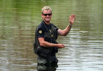 LIMERICK, IRELAND - MAY 16:  Jamie Donaldson of Wales trys his hand at fishing after the second round of the Irish Open on May 16, 2008 at the Adare Manor Hotel and Golf Resort in Limerick, Ireland.  (Photo by Andrew Redington/Getty Images)