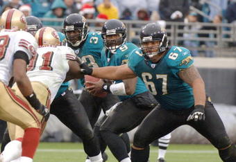 Jacksonville Jaguars quarterback David Garrard sets to pass behind the blocking of guard Vince Manuwai (67)  December 18, 2005 in Jacksonville. The Jaguars defeated the San Francisco 49ers 10 - 9.  (Photo by Al Messerschmidt/Getty Images)