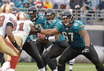 Jacksonville Jaguars quarterback David Garrard sets to pass behind the blocking of guard Vince Manuwai (67)  December 18, 2005 in Jacksonville. The Jaguars defeated the San Francisco 49ers 10 - 9.  (Photo by Al Messerschmidt/Getty Images)
