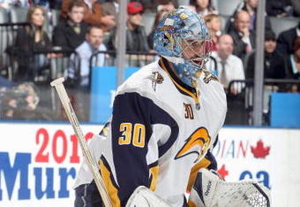 TORONTO - APRIL 8:  Ryan Miller #30 of the Buffalo Sabres guards the net against the Toronto Maple Leafs during their NHL game at the Air Canada Centre on April 8, 2009 in Toronto, Ontario. (Photo by: Dave Sandford/Getty Images)