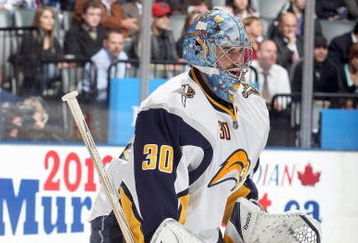 TORONTO - APRIL 8:  Ryan Miller #30 of the Buffalo Sabres guards the net against the Toronto Maple Leafs during their NHL game at the Air Canada Centre on April 8, 2009 in Toronto, Ontario. (Photo by: Dave Sandford/Getty Images)