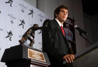 NEW YORK - DECEMBER 13:  Sam Bradford of the Oklahoma Sooners talks with the media at a press conference after winning the Heisman Trophy on December 13, 2008 at the Sports Museum of America in New York City.  (Photo by Nick Laham/Getty Images)