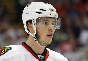 DETROIT - MAY 19:  Jonathan Toews #19 of the Chicago Blackhawks looks on against the Detroit Red Wings during Game Two of the Western Conference Championship Round of the 2009 Stanley Cup Playoffs on May 19, 2009 at Joe Louis Arena in Detroit, Michigan. The Red Wings won 3-2 in overtime. (Photo by Dave Sandford/Getty Images)