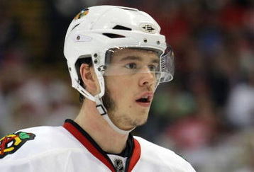 DETROIT - MAY 19:  Jonathan Toews #19 of the Chicago Blackhawks looks on against the Detroit Red Wings during Game Two of the Western Conference Championship Round of the 2009 Stanley Cup Playoffs on May 19, 2009 at Joe Louis Arena in Detroit, Michigan. The Red Wings won 3-2 in overtime. (Photo by Dave Sandford/Getty Images)