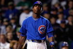 CHICAGO - OCTOBER 02:  Alfonso Soriano #12 of the Chicago Cubs looks on against the Los Angeles Dodgers in Game Two of the NLDS during the 2008 MLB Playoffs at Wrigley Field on October 2, 2008 in Chicago, Illinois. The Dodgers won 10-3. (Photo by Jamie Squire/Getty Images)