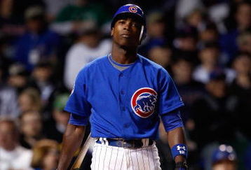 CHICAGO - OCTOBER 02:  Alfonso Soriano #12 of the Chicago Cubs looks on against the Los Angeles Dodgers in Game Two of the NLDS during the 2008 MLB Playoffs at Wrigley Field on October 2, 2008 in Chicago, Illinois. The Dodgers won 10-3. (Photo by Jamie Squire/Getty Images)