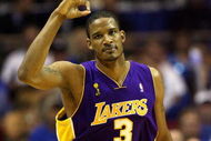 ORLANDO, FL - JUNE 14:  Trevor Airza #3 of the Los Angeles Lakers celebrates a three-point shot in the first half against the Orlando Magic in Game Five of the 2009 NBA Finals on June 14, 2009 at Amway Arena in Orlando, Florida.  NOTE TO USER:  User expressly acknowledges and agrees that, by downloading and or using this photograph, User is consenting to the terms and conditions of the Getty Images License Agreement.  (Photo by Elsa/Getty Images)