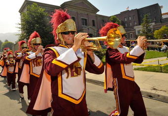 UNIVERSAL CITY, CA - JUNE 18:  The USC marching band performs at celebration of the re-opening of Courthouse Square at Universal Studios Hollywood on June 18, 2009 in Universal City, California. Courthouse Square has been fully restored following a four acre backlot fire in June 2008. The Square has been featured in movies such as 'Back to the Future,' 'Gremlins,' and 'Bye Bye Birdie.'  (Photo by Charley Gallay/Getty Images)