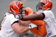 CINCINNATI, OH - MAY 1: First round draft pick Andre Smith #7 (R) of the Cincinnati Bengals battles with teammate Ryan Madison #61 during rookie minicamp at Paul Brown Stadium on May 1, 2009 in Cincinnati, Ohio. (Photo by Mark Lyons/Getty Images)