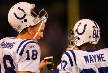 SAN DIEGO - JANUARY 03:  Wide receiver Reggie Wayne #87 of the Indianapolis Colts talks with quaterback Peyton Manning #18 during the AFC Wild Card Game against the San Diego Chargers on January 3, 2009 at Qualcomm Stadium in San Diego, California.  (Photo by Harry How/Getty Images)