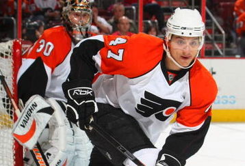 PHILADELPHIA - DECEMBER 11:  Luca Sbisa #47 of the Philadelphia Flyers skates against the Carolina Hurricanes on December 11, 2008 at the Wachovia Center in Philadelphia, Pennsylvania.  (Photo by Bruce Bennett/Getty Images)