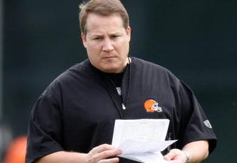 BEREA, OH - MAY 02:  Head coach Eric Mangini of the Cleveland Browns looks on  during rookie mini camp at the Cleveland Browns Training and Administrative Complex on May 2, 2009 in Berea, Ohio.  (Photo by Gregory Shamus/Getty Images)