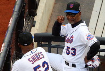 NEW YORK - JUNE 27:  Manager Jerry Manuel of the New York Mets talks with coach Razor Shines #52 prior to playing the New York Yankees on June 27, 2009 at Citi Field in the Flushing neighborhood of the Queens borough of New York City.  (Photo by Jim McIsaac/Getty Images)