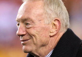 LANDOVER, MD - NOVEMBER 16:  Owner of the Dallas Cowboys, Jerry Jones, looks on during warmups before the game against the Washington Redskins on November 16, 2008 at FedEx Field in Landover, Maryland.  (Photo by Jim McIsaac/Getty Images)