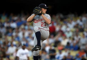 LOS ANGELES, CA - MAY 07:  Pitcher Jordan Zimmermann #27 of the Washington Nationals throws a pitch against the Los Angeles Dodgers on May 7, 2009 at Dodger Stadium in Los Angeles, California.  The Nationals won 11-9.  (Photo by Stephen Dunn/Getty Images)