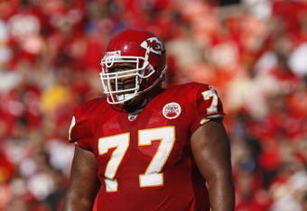KANSAS CITY, MO - NOVEMBER 02:  Damion McIntosh #77 of the Kansas City Chiefs looks on against the Tampa Bay Buccaneers during their NFL game on November 2, 2008 at Arrowhead Stadium in Kansas City, Missouri.  The Buccaneers won 30 to 27 in overtime. (Photo by: Jamie Squire/Getty Images)