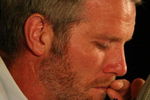GREEN BAY, WI - MARCH 06: Quarterback Brett Favre of the Green Bay Packers tries to control his emotions at his retirement press conference on March 6, 2008 at Lambeau Field in Green Bay, Wisconsin. (Photo by Jonathan Daniel/Getty Images)