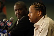 AUBURN HILLS, MI - NOVEMBER 04: Allen Iverson #1 of the Detroit Pistons is introduced at press conference President of Basketball Operations Joe Dumars after being traded from the Denver Nuggets on November 4, 2008 at the Palace of Auburn Hills in Auburn Hills, Michigan. NOTE TO USER: User expressly acknowledges and agrees that, by downloading and or using this photograph, User is consenting to the terms and conditions of the Getty Images License Agreement.  (Photo by Gregory Shamus/Getty Images)