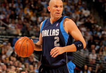 DENVER - MAY 03:  Jason Kidd #2 of the Dallas Mavericks controls the ball against the Denver Nuggets in Game One of the Western Conference Semifinals during the 2009 NBA Playoffs at Pepsi Center on May 3, 2009 in Denver, Colorado. The Nuggets defeated the Mavericks 109-95. NOTE TO USER: User expressly acknowledges and agrees that, by downloading and or using this photograph, User is consenting to the terms and conditions of the Getty Images License Agreement.  (Photo by Doug Pensinger/Getty Images)
