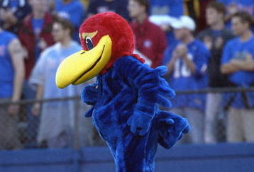 LAWRENCE, KS - AUGUST 30:  The University of Kansas Jayhawks macot, Big Jay, performs during the game against the Northwestern University Wildcats at Memorial Stadium on August 30, 2003 in Lawrence, Kansas. Northwestern defeated Kansas 28-20. (Photo by Dave Kaup/Getty Images)