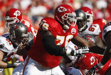 KANSAS CITY, MO - NOVEMBER 02:  Branden Albert #76 of the Kansas City Chiefs blocks gainst the Tampa Bay Buccaneers during their NFL game on November 2, 2008 at Arrowhead Stadium in Kansas City, Missouri.  The Buccaneers won 30 to 27 in overtime. (Photo by: Jamie Squire/Getty Images)