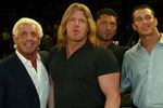 NEW YORK - MARCH 9:  WWE wrestlers (L-R) Ric Flair, Triple H, Batista, Randy Orton, Stacy Kiebler & Miss Jackie attend the New York Knicks v Boston Celtics  NBA game March 9, 2004 at Madison Square Garden in New York City.   (Photo by Ray Amati/Getty Images)