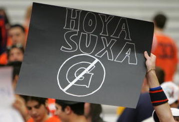 SYRACUSE, NY - FEBRUARY 16:  A Syracuse fan holds up a sign during the game between the Georgetown University Hoyas and the Syracuse University Orange at the Carrier Dome February 16, 2008 in Syracuse, New York. (Photo by Marc Squire/Getty Images)