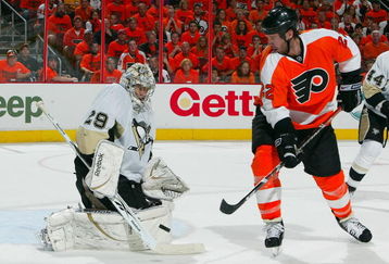 PHILADELPHIA - APRIL 25: Mike Knuble #22 of the Philadelphia Flyers is stopped by Marc-Andre Fleury #29 of the Pittsburgh Penguins during Game Six of the Eastern Conference Quarterfinal Round of the 2009 NHL Stanley Cup Playoffs at the Wachovia Center on April 25, 2009 in Philadelphia, Pennsylvania. (Photo by Jim McIsaac/Getty Images)
