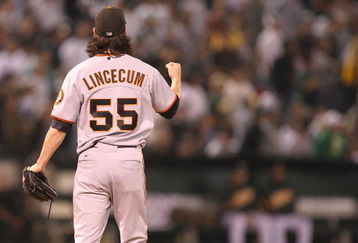 OAKLAND, CA - JUNE 23:  Tim Lincecum #55 of the San Francisco Giants pumps his fist against the Oakland Athletics during a Major League Baseball game on June 23, 2009 at the Oakland Coliseum in Oakland, California.  (Photo by Jed Jacobsohn/Getty Images)