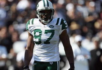 OAKLAND, CA - OCTOBER 19:  Calvin Pace #97 of the New York Jets looks on during the game against the Oakland Raiders on October 19, 2008 at the Oakland-Alameda County Coliseum in Oakland, California. (Photo by Jed Jacobsohn/Getty Images)