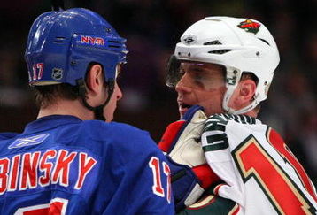NEW YORK - MARCH 24:  Brandon Dubinsky #17 of the New York Rangers skates against Marian Gaborik #10 of the Minnesota Wild on March 24, 2009 at Madison Square Garden in New York City. The Rangers defeated the Wild 3-2.  (Photo by Jim McIsaac/Getty Images)