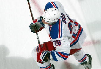 UNIONDALE, NY - MARCH 05:  Colton Orr #28 of the New York Rangers warms up before playing against the New York Islanders on March 5, 2009 at Nassau Coliseum in Uniondale, New York.  (Photo by Jim McIsaac/Getty Images)
