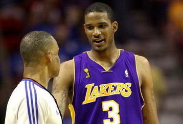 ORLANDO, FL - JUNE 14:  Trevor Ariza #3 of the Los Angeles Lakers talks to referee Dan Crawford in the second half against the Orlando Magic in Game Five of the 2009 NBA Finals on June 14, 2009 at Amway Arena in Orlando, Florida.  NOTE TO USER:  User expressly acknowledges and agrees that, by downloading and or using this photograph, User is consenting to the terms and conditions of the Getty Images License Agreement.  (Photo by Elsa/Getty Images)
