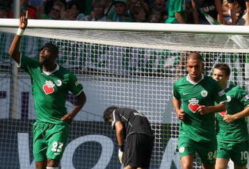 WOLFSBURG, GERMANY - AUGUST 30: Grafite (L) of Wolfsburg celebrates after scoring the 1st goal during the Bundesliga match between VfL Wolfsburg and Eintracht Frankfurt at the Volkswagen Arena on August 30, 2008 in Wolfsburg, Germany. (Photo by Martin Rose/Bongarts/Getty Images)