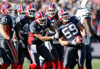 ORCHARD PARK, NY - OCTOBER 19: Kawika Mitchell #59, Keith Ellison #56, George Wilson #37, Bryan Scott #43 and Paul Posluszny #51 of the Buffalo Bills celebrate Mitchell's end zone interception of a pass by Philip Rivers #17 of the San Diego Chargers on October 19, 2008 at Ralph Wilson Stadium in Orchard Park, New York. Buffalo won 23-14.  (Photo by Rick Stewart/Getty Images)