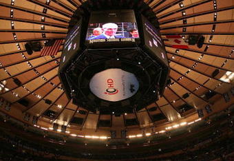 NEW YORK - FEBRUARY 22: (l-r) Former New York Ranger players Andy Bathgate and Harry Howell have their numbers retired by the team prior to the game between the Toronto Maple Leafs and the New York Rangers on February 22, 2009 at Madison Square Garden in New York City. (Photo by Bruce Bennett/Getty Images)
